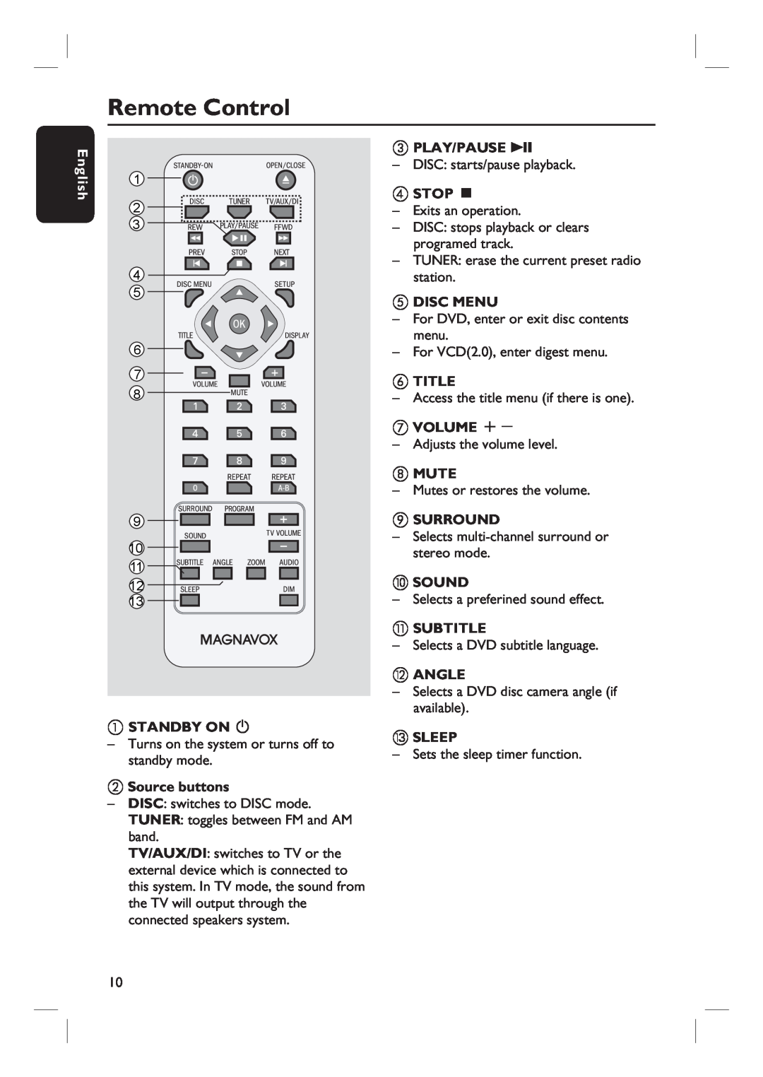 Magnavox MRD100 Remote Control, b Source buttons, c PLAY/PAUSE u, d STOP Ç, e DISC MENU, fTITLE, g VOLUME +, hMUTE, jSOUND 