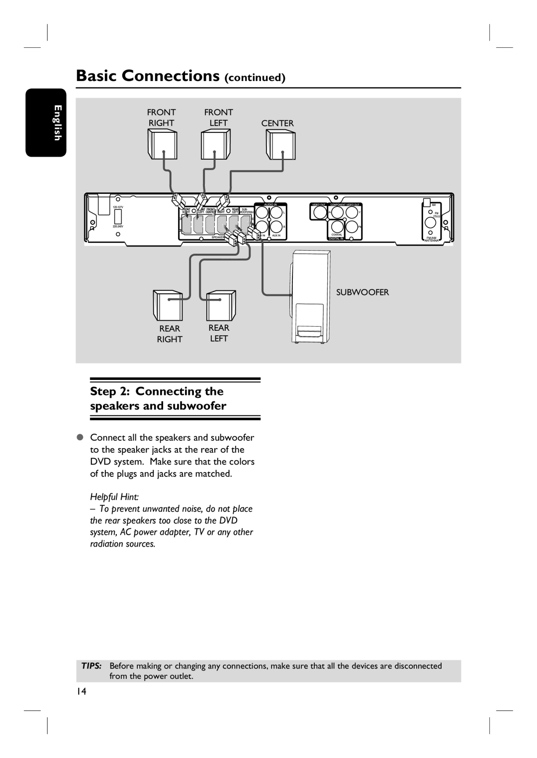 Magnavox MRD100 user manual Basic Connections continued, Connecting the speakers and subwoofer, Helpful Hint, English 