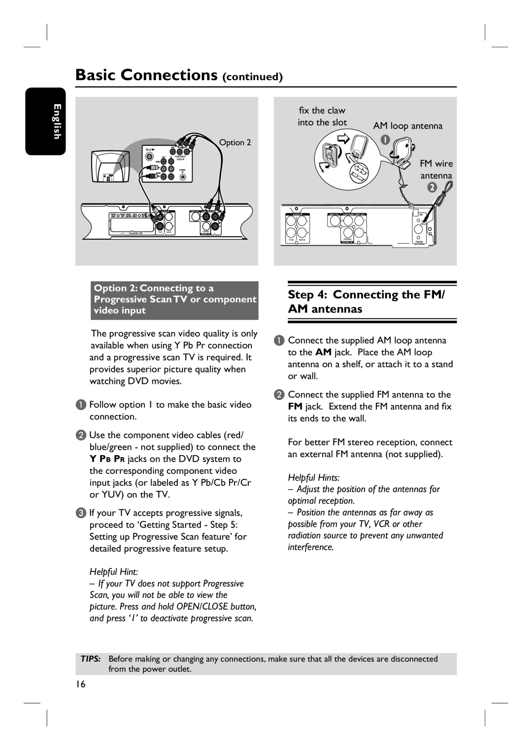 Magnavox MRD100 user manual Connecting the FM/ AM antennas, Basic Connections continued, English, Helpful Hints 