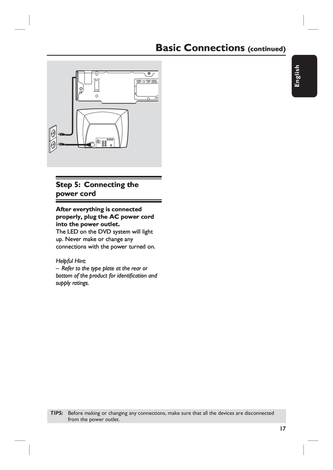 Magnavox MRD100 user manual Connecting the power cord, Basic Connections continued, English, Helpful Hint 