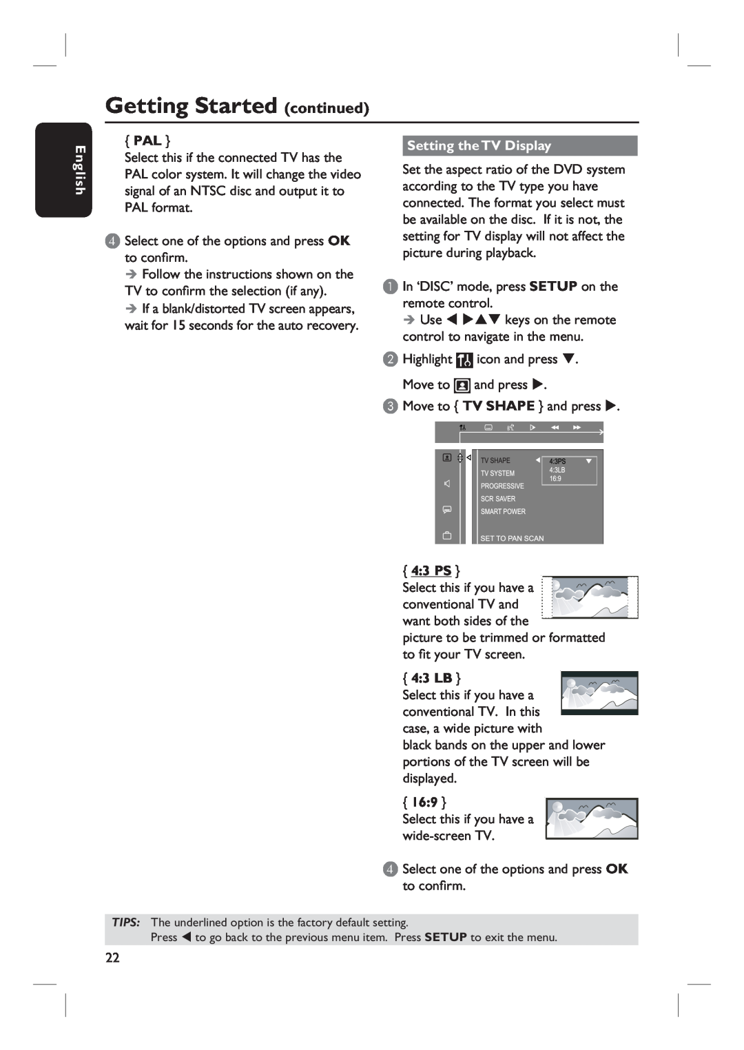 Magnavox MRD100 user manual Setting the TV Display, 4 3 PS, Getting Started continued, English 