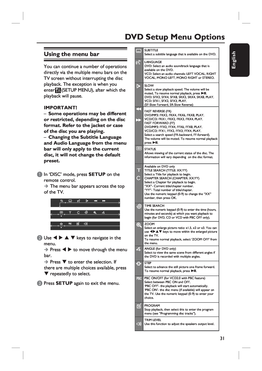 Magnavox MRD100 user manual DVD Setup Menu Options, Using the menu bar, English 
