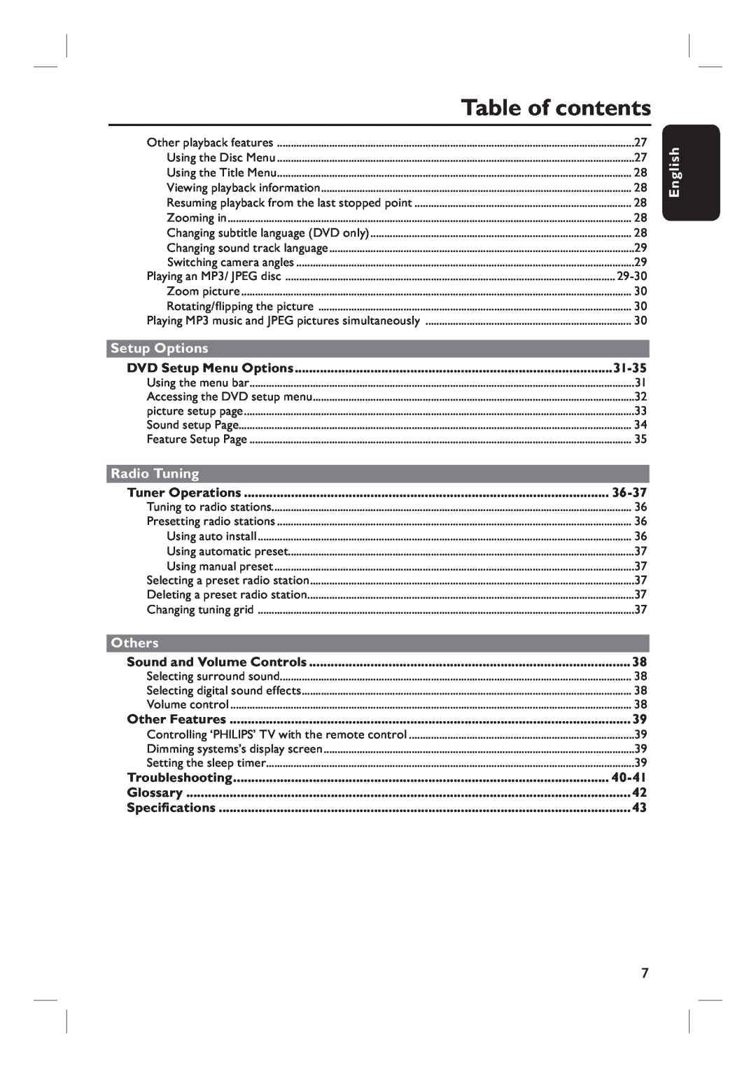 Magnavox MRD100 user manual Table of contents, Setup Options, Radio Tuning, Others, English, 31-35, 36-37, 40-41 