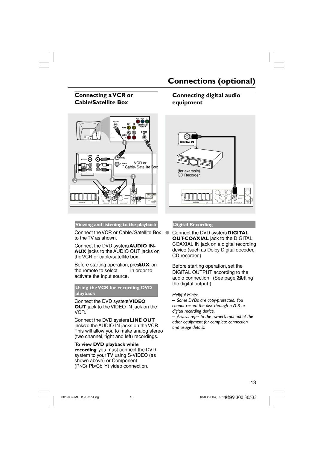 Magnavox MRD120 warranty Connections optional, Digital Recording 