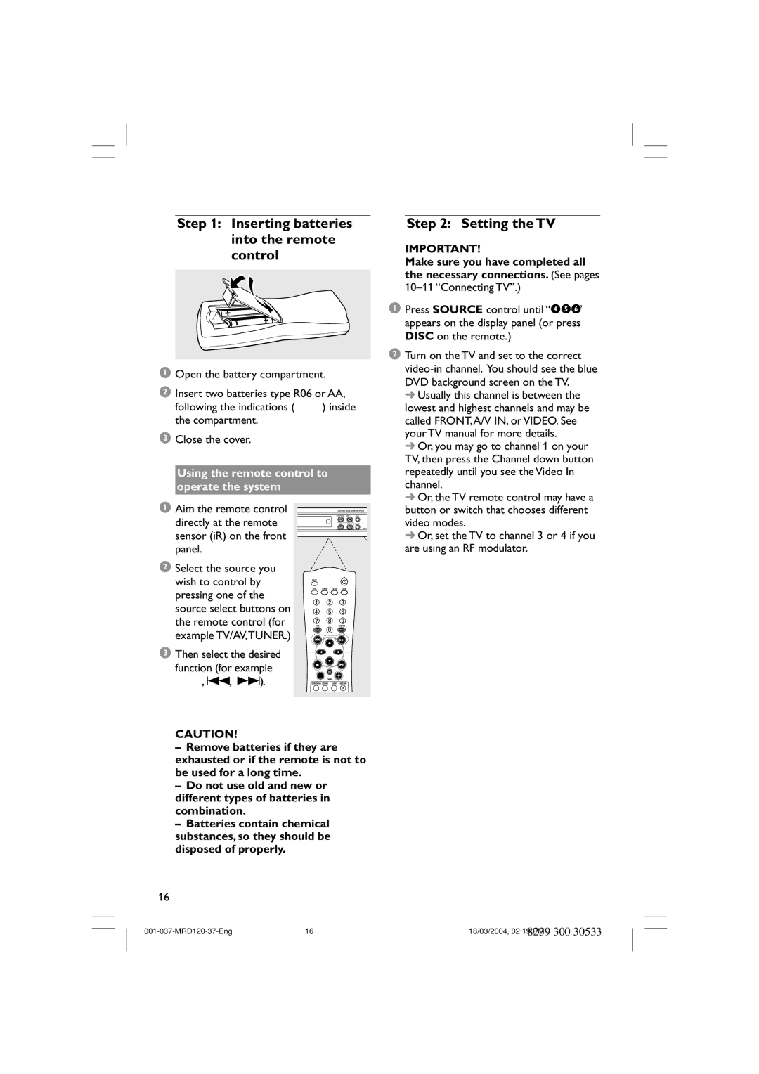 Magnavox MRD120 warranty Inserting batteries into the remote control, Setting the TV, Directly at the remote 