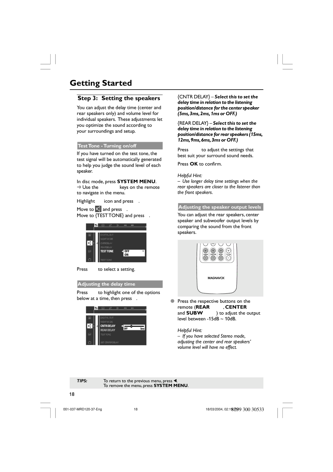 Magnavox MRD120 warranty Setting the speakers, Test Tone Turning on/off, Adjusting the delay time 