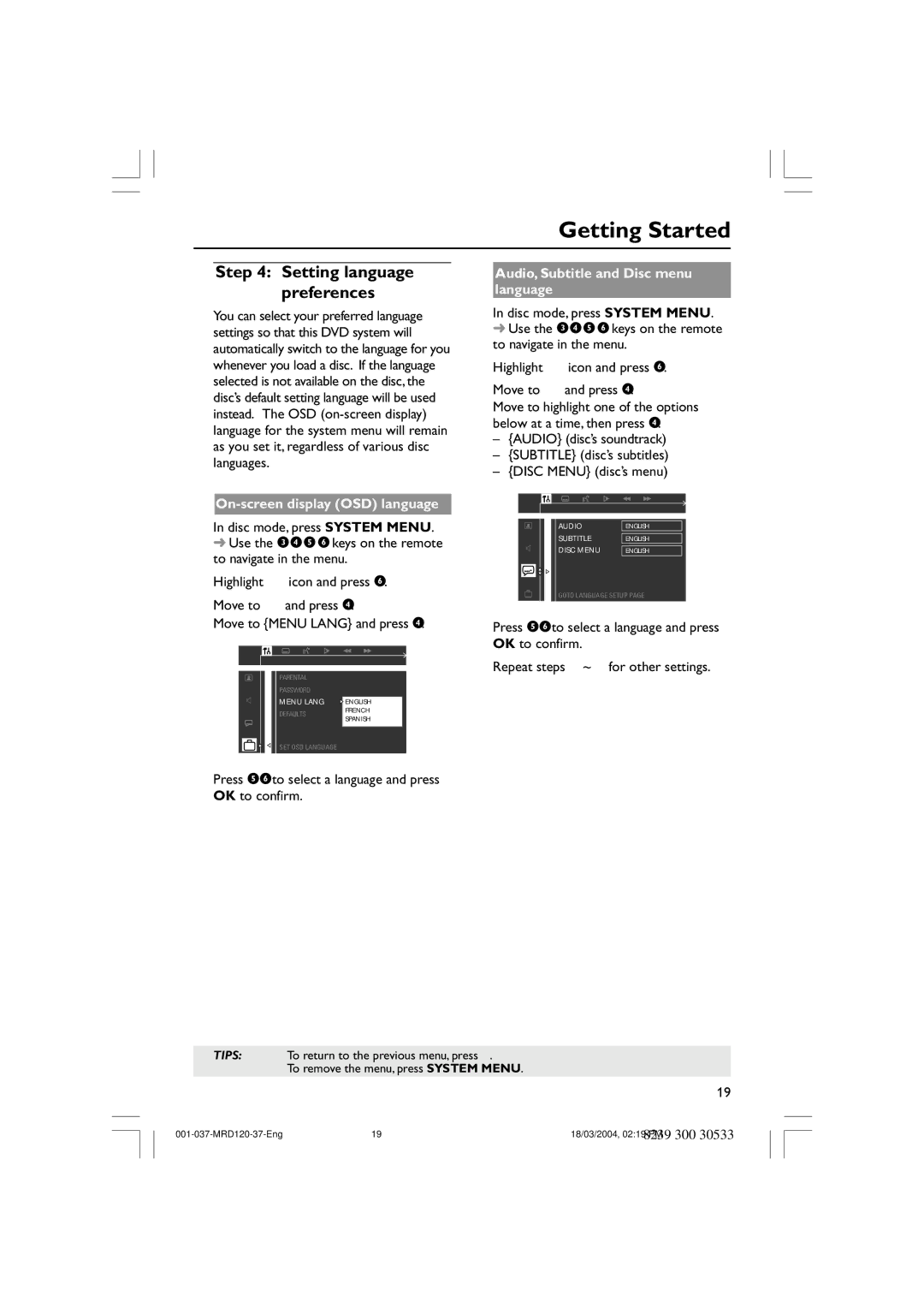 Magnavox MRD120 Setting language preferences, On-screen display OSD language, Audio, Subtitle and Disc menu language 