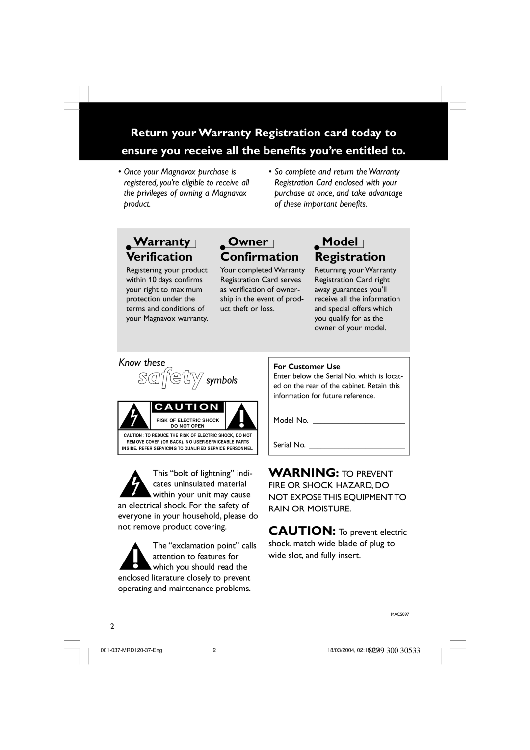 Magnavox MRD120 warranty Warranty Verification, For Customer Use 