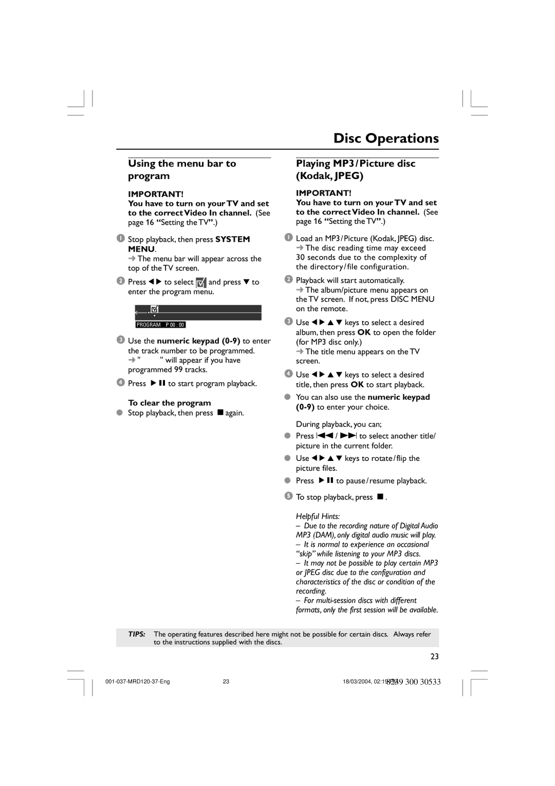 Magnavox MRD120 warranty Using the menu bar to program, Playing MP3/Picture disc Kodak, Jpeg, To clear the program 