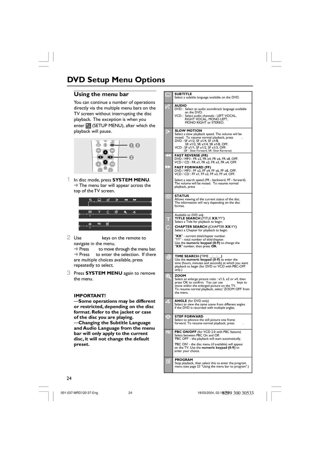 Magnavox MRD120 warranty DVD Setup Menu Options, Using the menu bar 