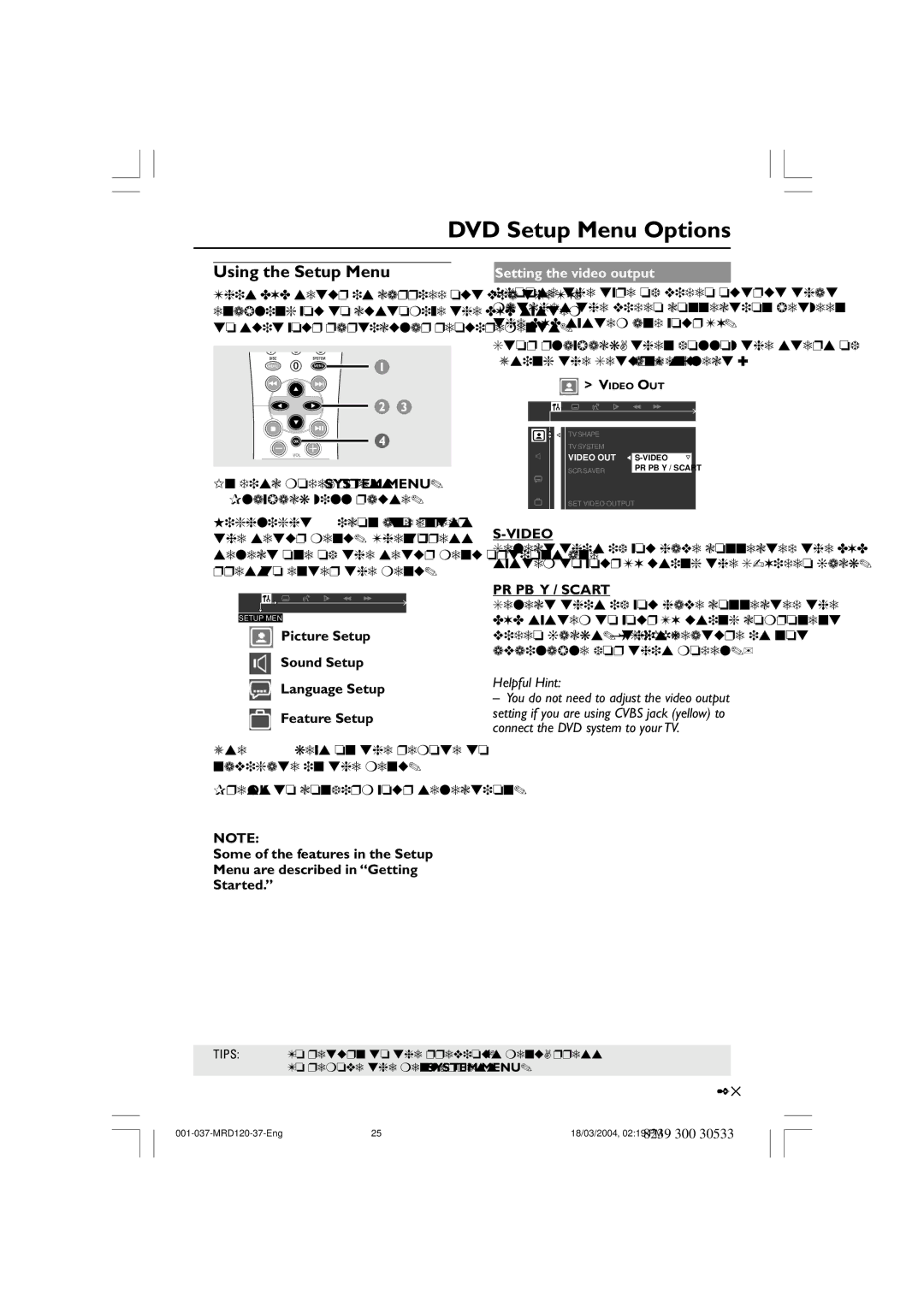 Magnavox MRD120 Using the Setup Menu, Picture Setup Sound Setup Language Setup Feature Setup, Setting the video output 