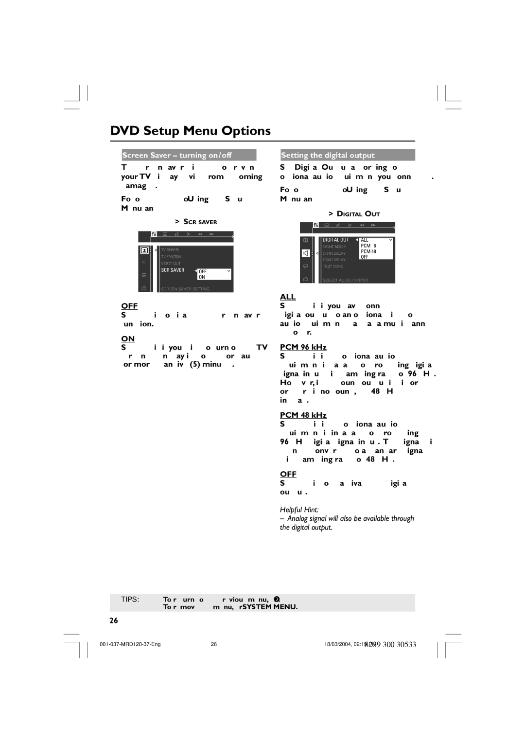 Magnavox MRD120 warranty Screen Saver turning on/off, Off, Setting the digital output, All 