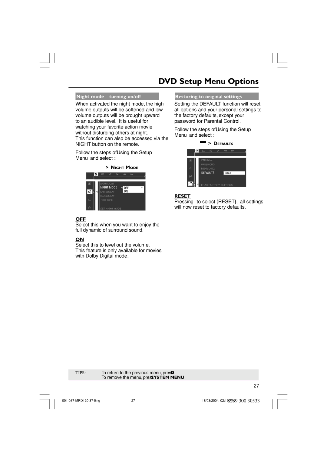 Magnavox MRD120 warranty Night mode turning on/off, Restoring to original settings, Reset 