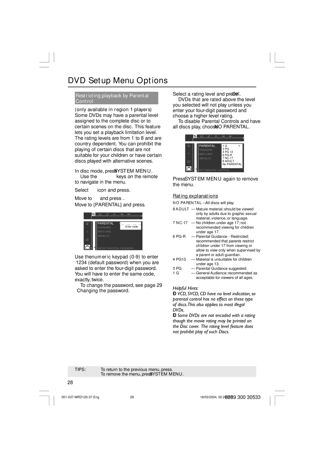 Magnavox MRD120 warranty Restricting playback by Parental Control, Rating explanations 