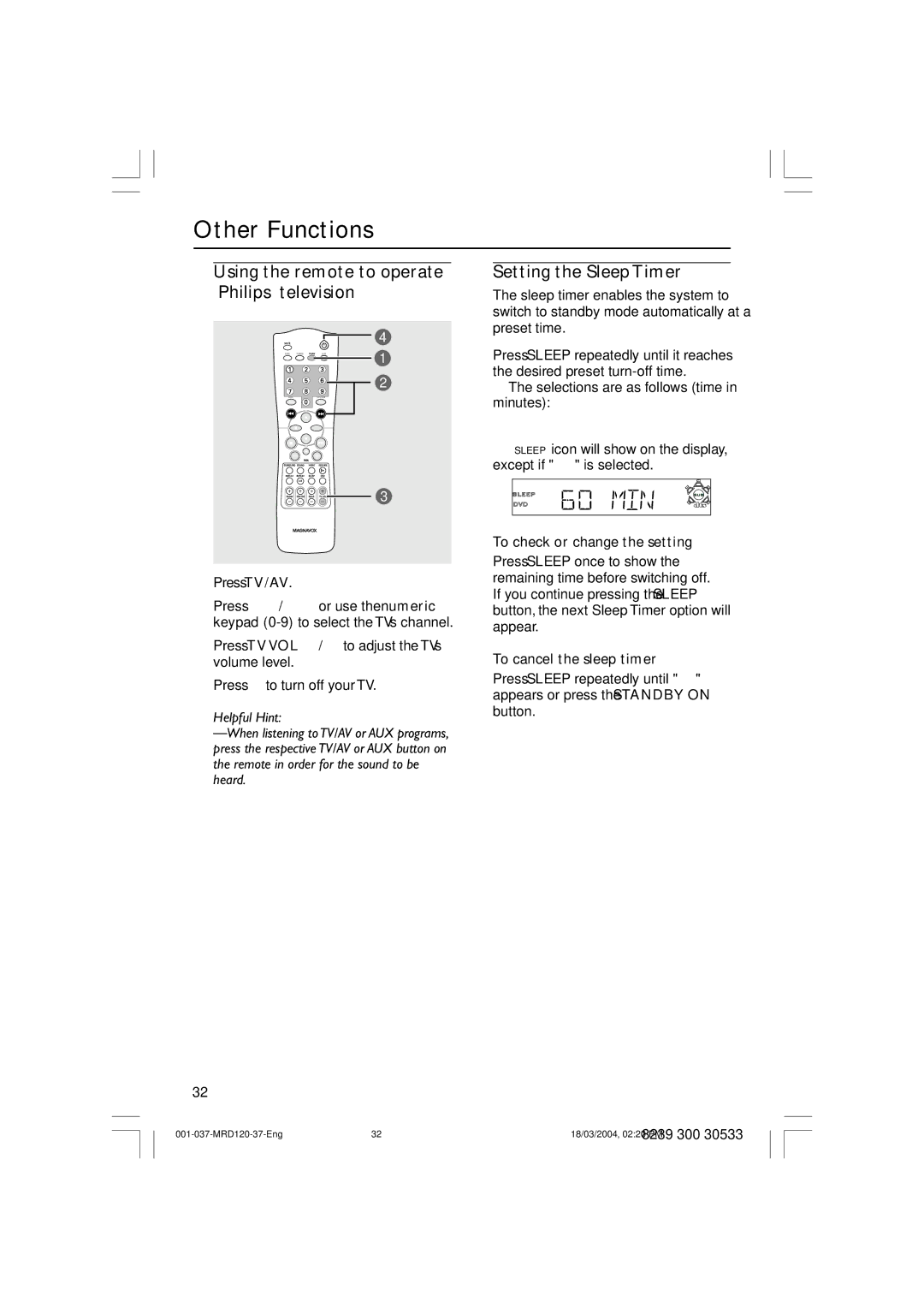 Magnavox MRD120 Using the remote to operate ‘Philips’ television, Setting the Sleep Timer, To check or change the setting 