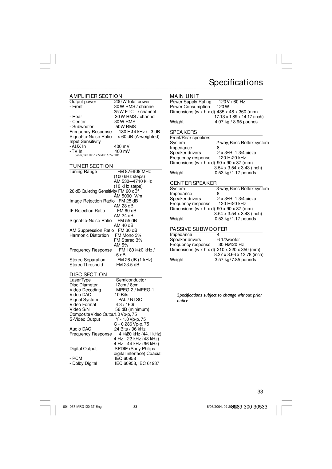 Magnavox MRD120 warranty Specifications 