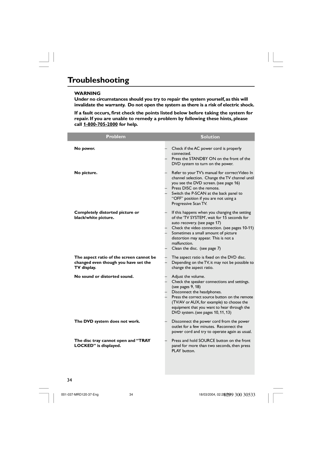 Magnavox MRD120 warranty Troubleshooting, Problem, Solution 