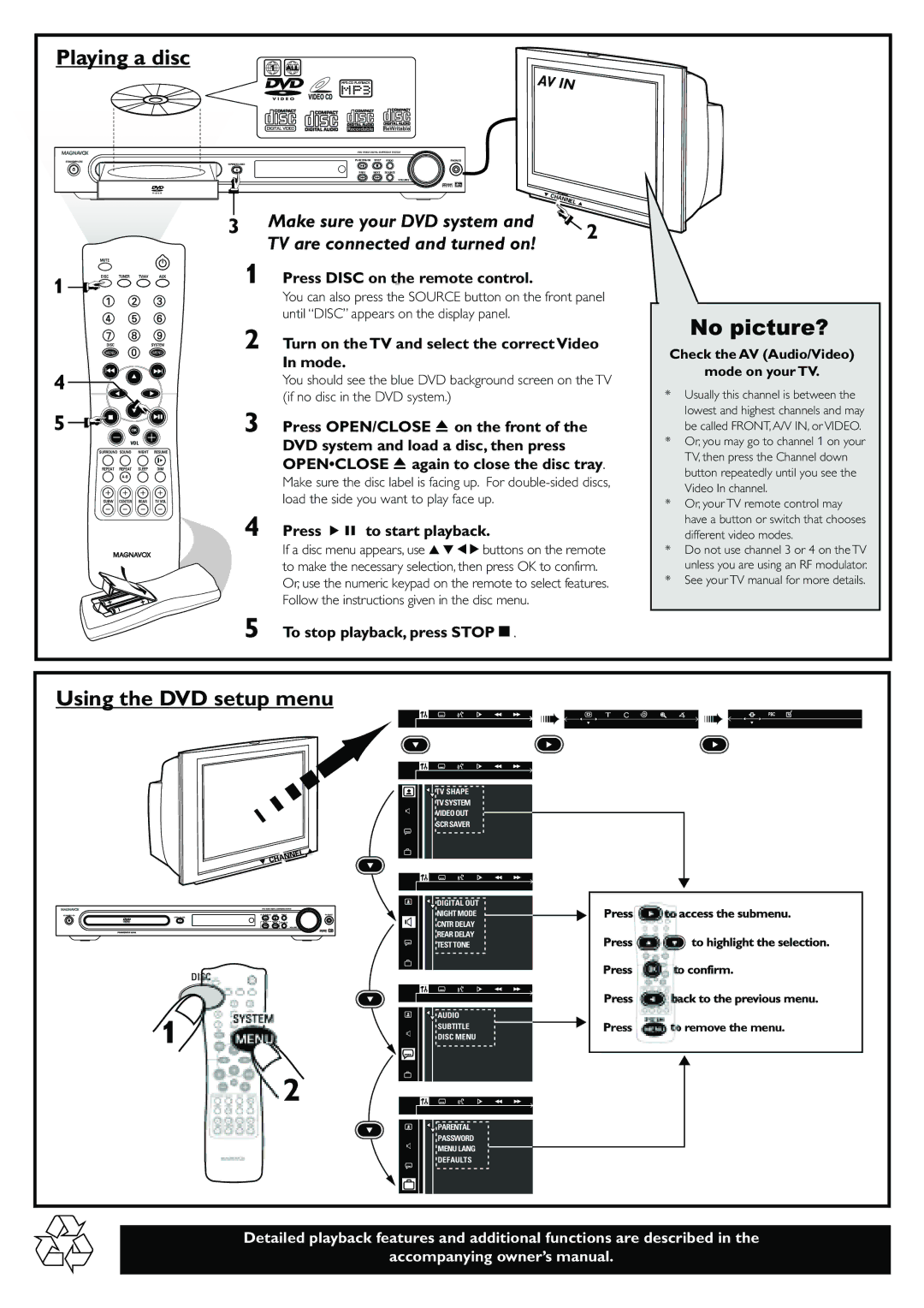 Magnavox MRD120 warranty Playing a disc, Check the AV Audio/Video Mode on your TV 