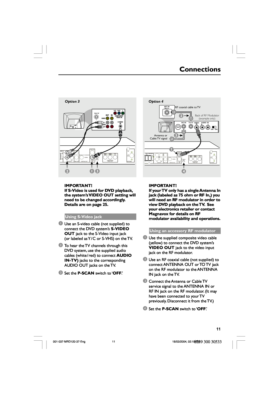 Magnavox MRD120 warranty Connections, Using S-Videojack, Using an accessory RF modulator, 8239, Option 