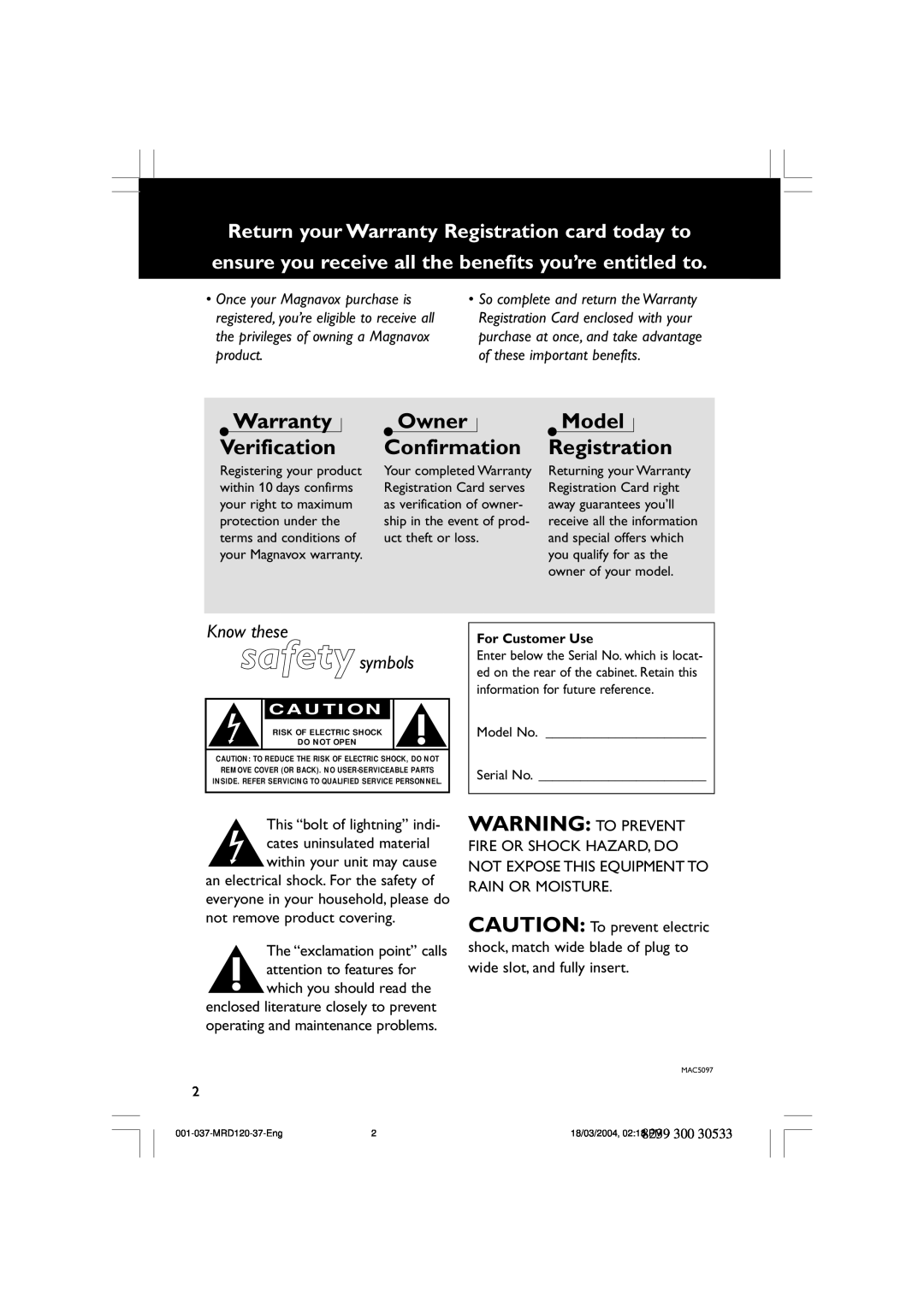Magnavox MRD120 warranty Warranty Verification, Owner Confirmation, Model Registration, Know these safety symbols 