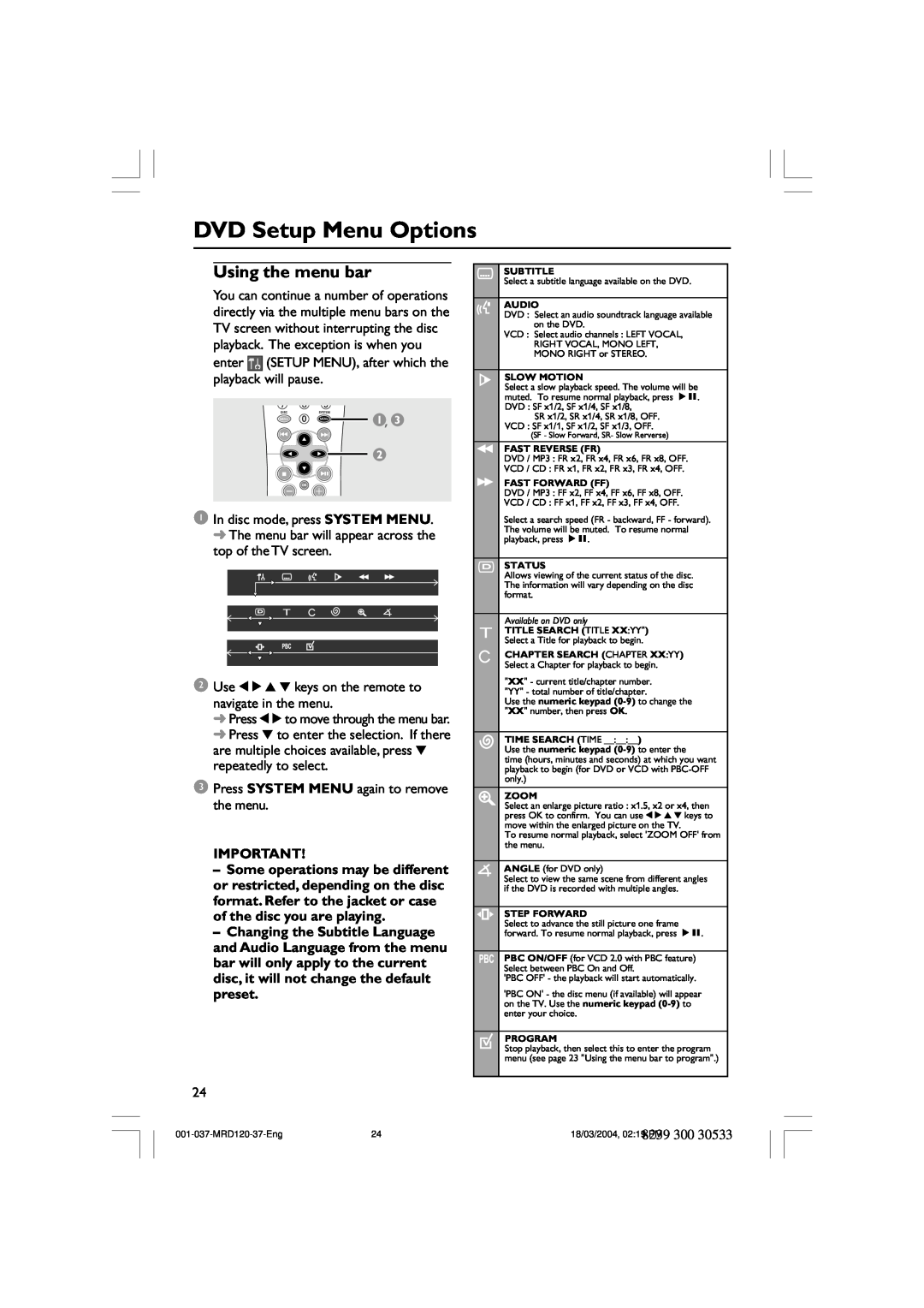 Magnavox MRD120 warranty DVD Setup Menu Options, Using the menu bar 
