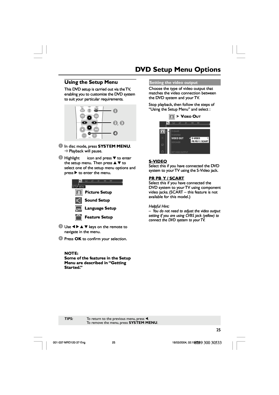 Magnavox MRD120 Using the Setup Menu, DVD Setup Menu Options, Picture Setup Sound Setup Language Setup, Feature Setup 