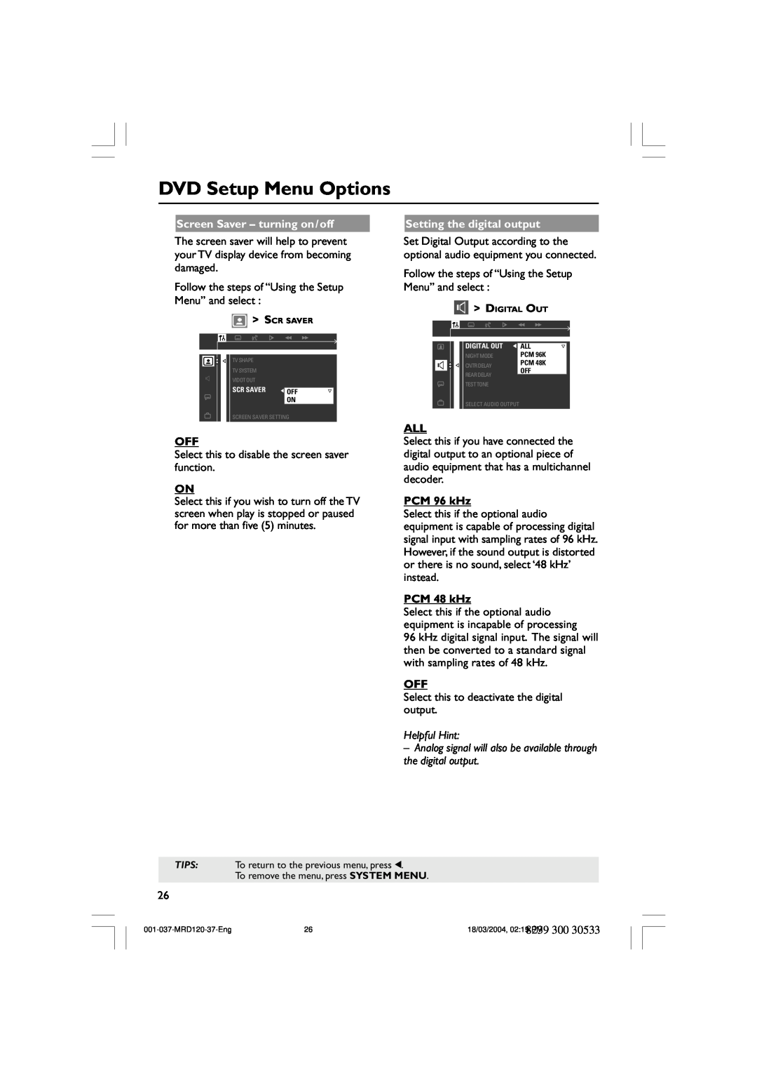 Magnavox MRD120 DVD Setup Menu Options, Screen Saver - turning on/off, Setting the digital output, PCM 96 kHz, PCM 48 kHz 