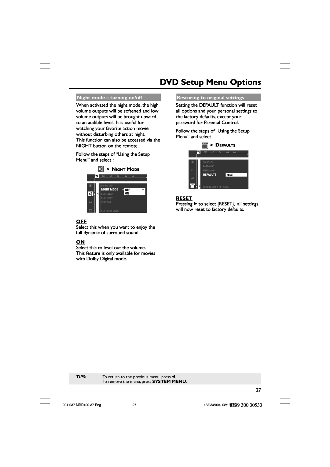 Magnavox MRD120 warranty DVD Setup Menu Options, Night mode - turning on/off, Restoring to original settings, Reset 