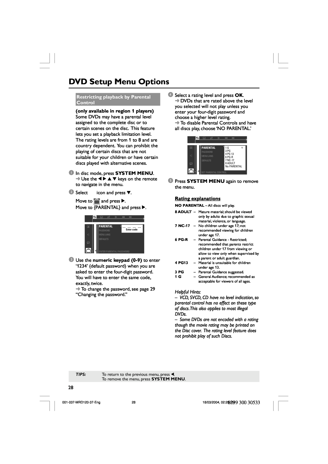 Magnavox MRD120 DVD Setup Menu Options, Restricting playback by Parental Control, Rating explanations, Helpful Hints, 8239 