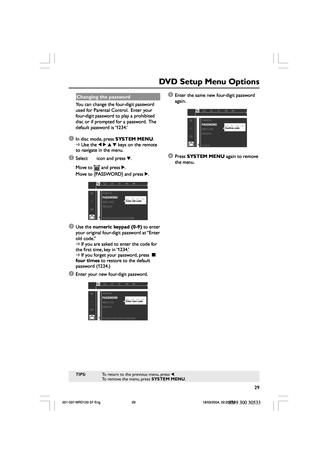 Magnavox MRD120 warranty DVD Setup Menu Options, Changing the password 
