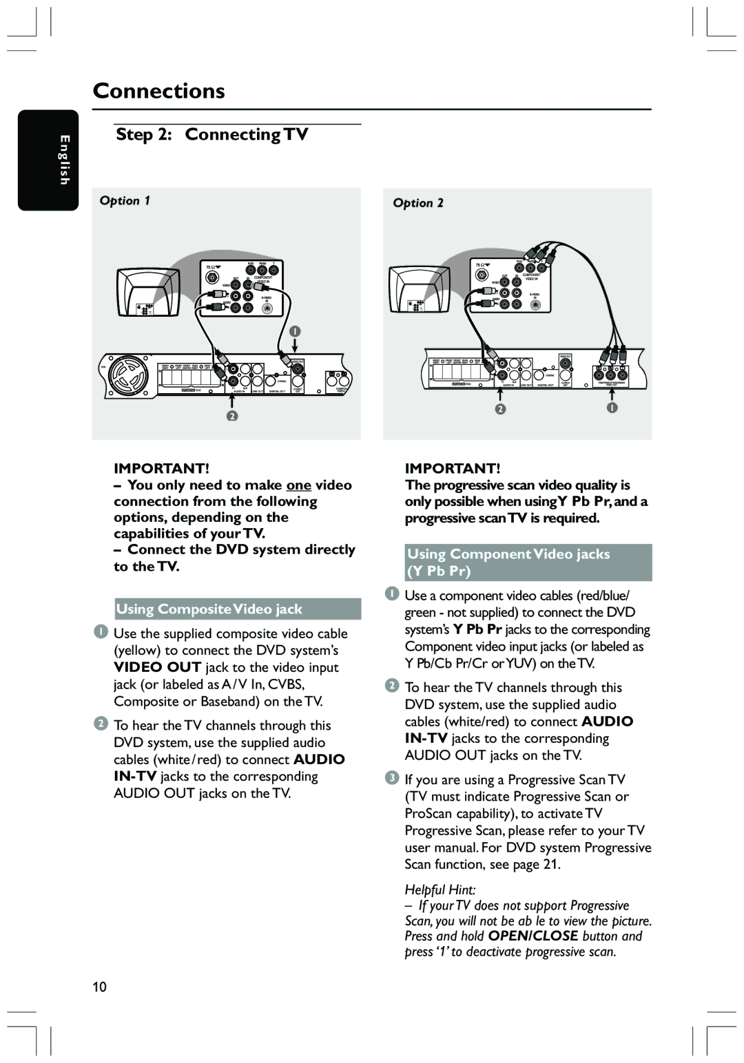 Magnavox MRD130 user manual Connecting TV, Using Composite Video jack, Using Component Video jacks Y Pb Pr 