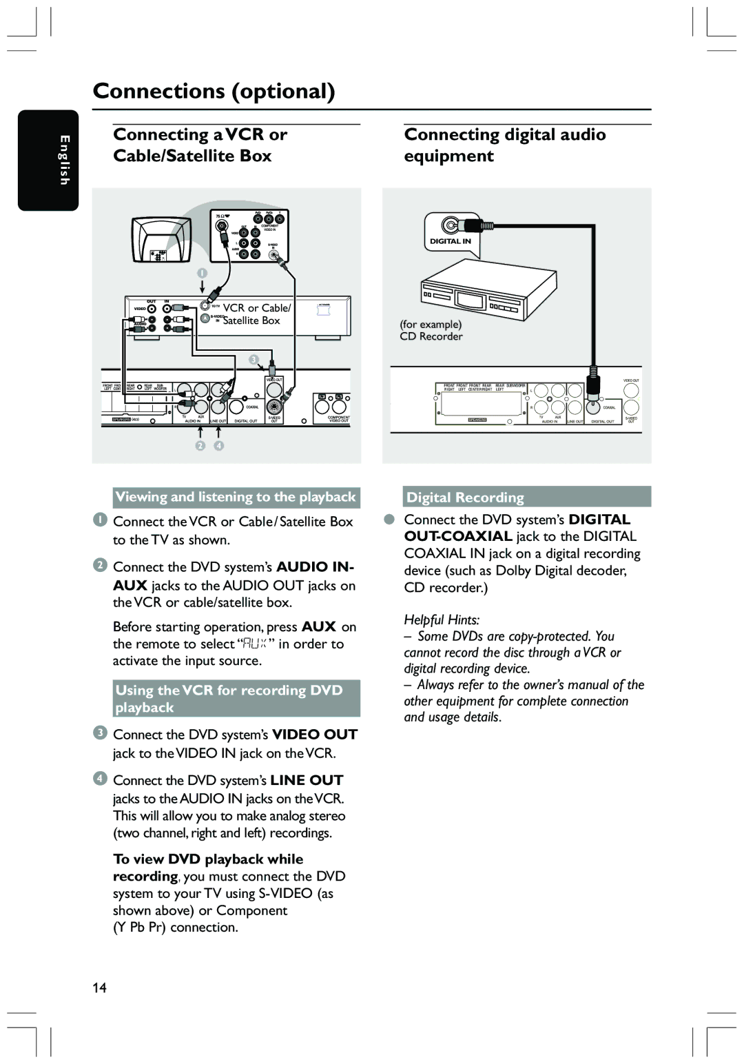 Magnavox MRD130 user manual Connections optional, Connecting a VCR or, Cable/Satellite Box Equipment 