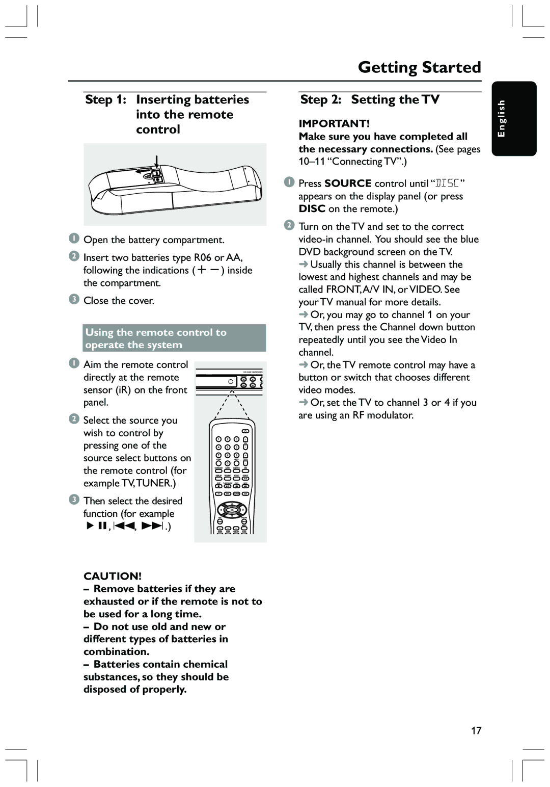 Magnavox MRD130 user manual Getting Started, Inserting batteries into the remote control, Setting the TV 