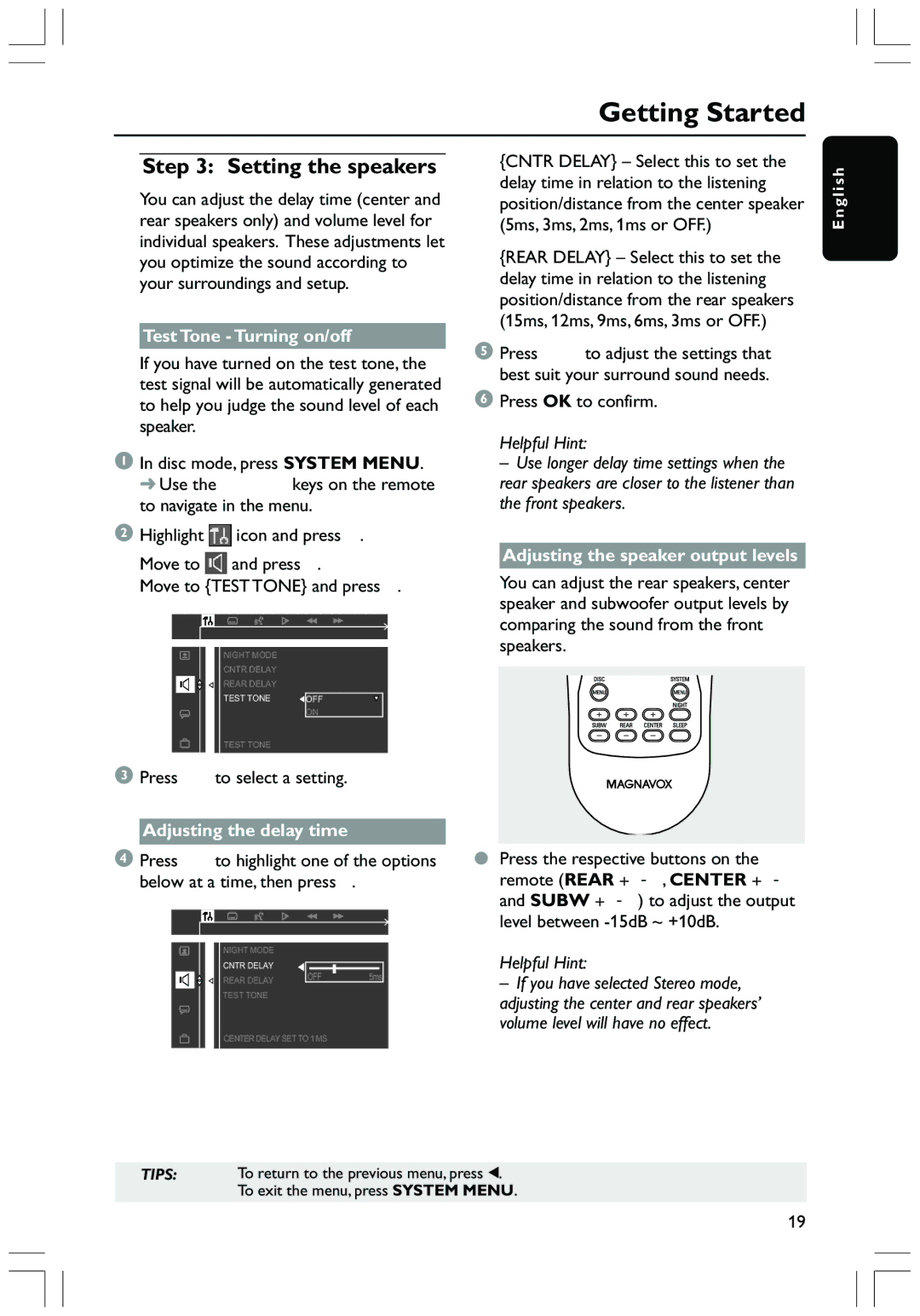 Magnavox MRD130 user manual Setting the speakers, Test Tone Turning on/off, Adjusting the delay time 