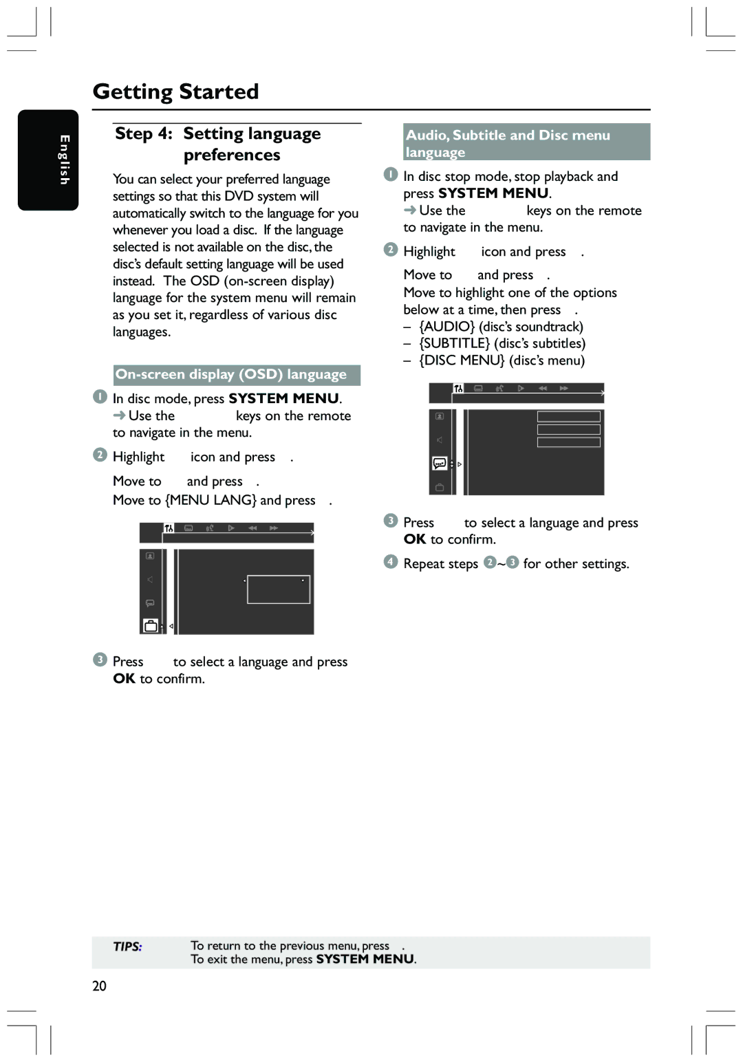 Magnavox MRD130 Setting language preferences, On-screen display OSD language, Audio, Subtitle and Disc menu language 