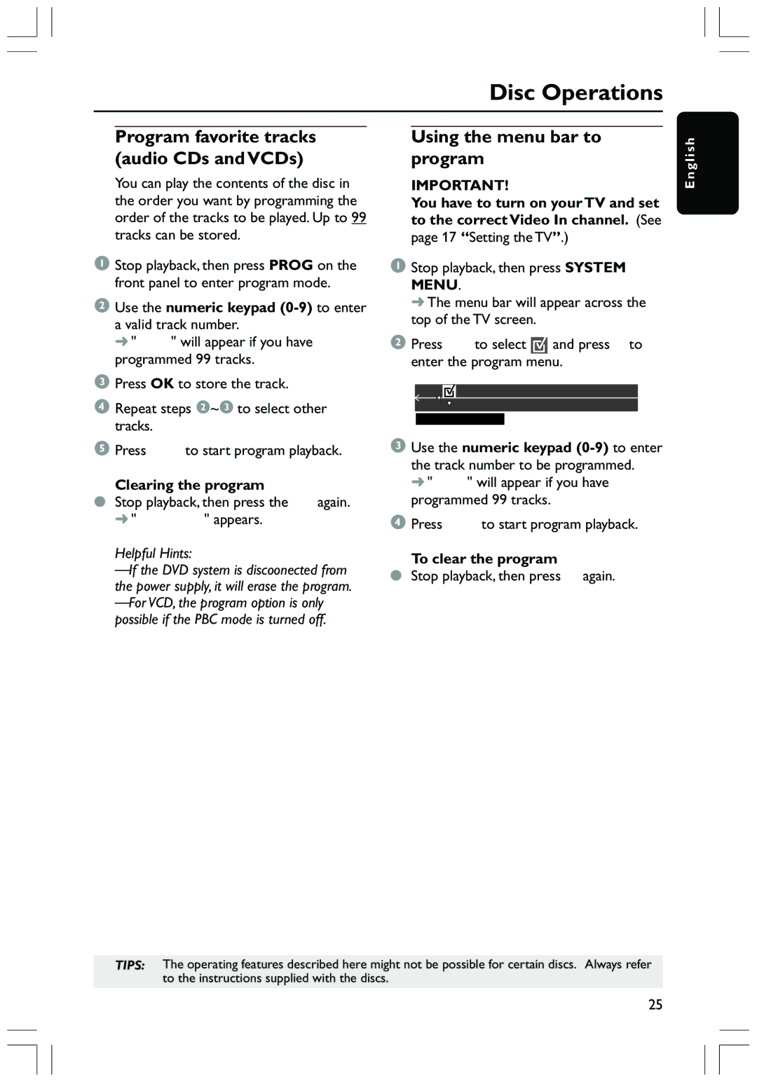 Magnavox MRD130 user manual Program favorite tracks audio CDs and VCDs, Using the menu bar to program, Clearing the program 