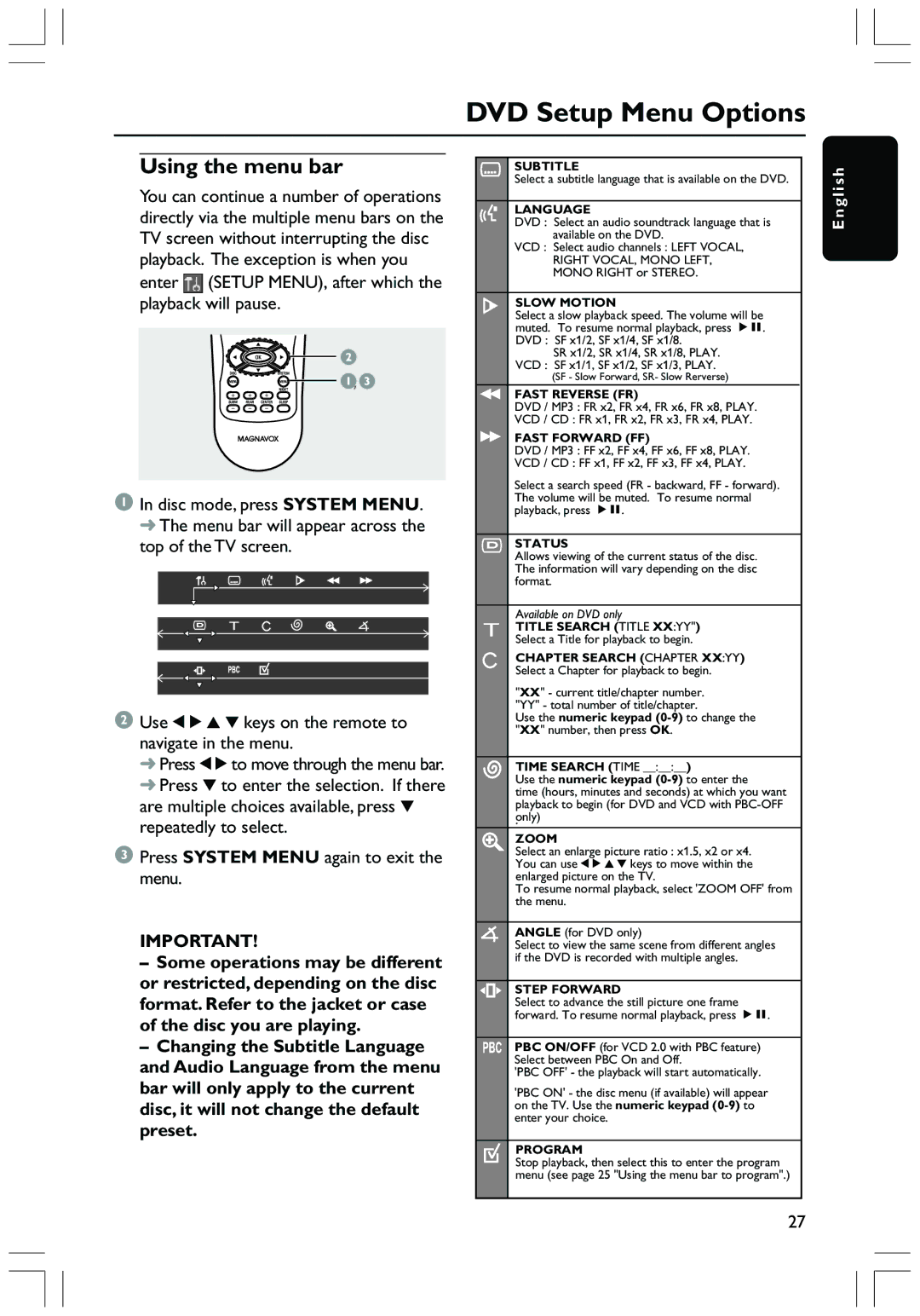 Magnavox MRD130 user manual DVD Setup Menu Options, Using the menu bar 