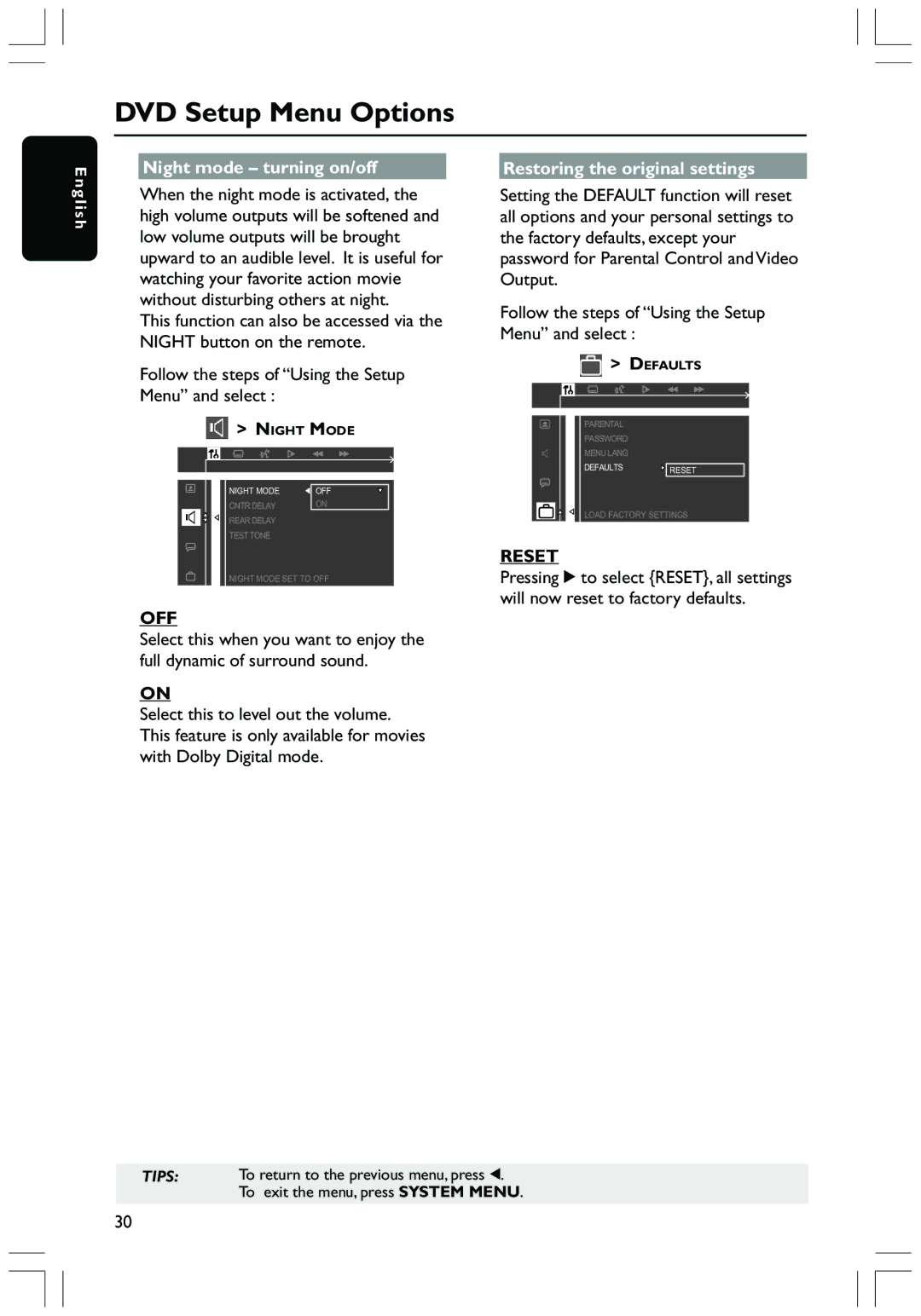 Magnavox MRD130 user manual Night mode turning on/off Restoring the original settings, Reset 