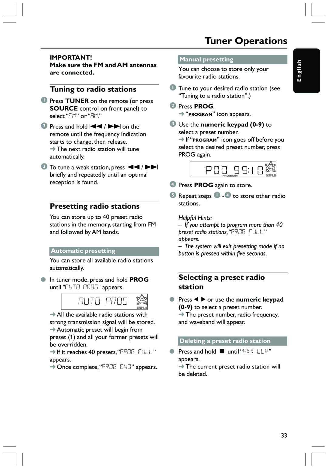 Magnavox MRD130 Tuner Operations, Tuning to radio stations, Presetting radio stations, Selecting a preset radio station 