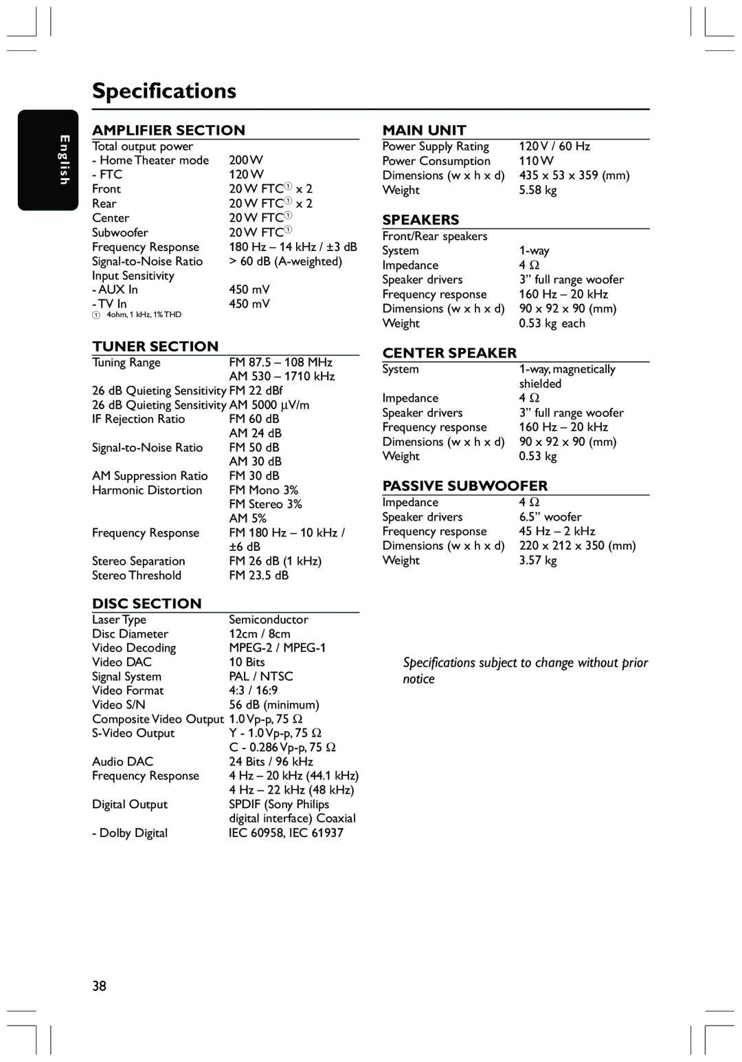 Magnavox MRD130 user manual Specifications 