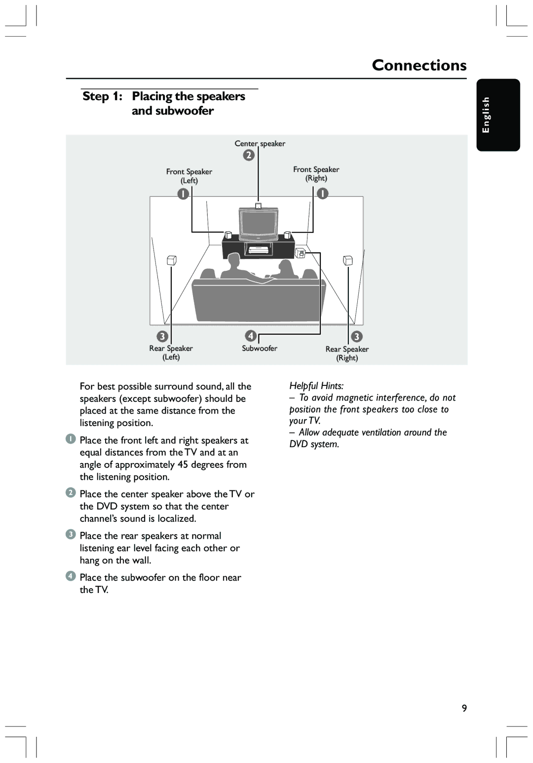 Magnavox MRD130 user manual Connections, Placing the speakers and subwoofer 