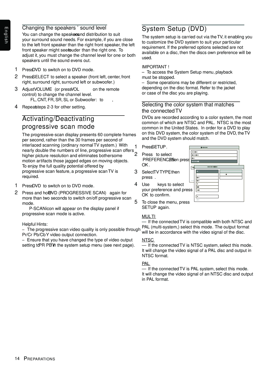 Magnavox MRD300 owner manual System Setup DVD, Selecting the color system that matches the connected TV, Multi, Ntsc, Pal 