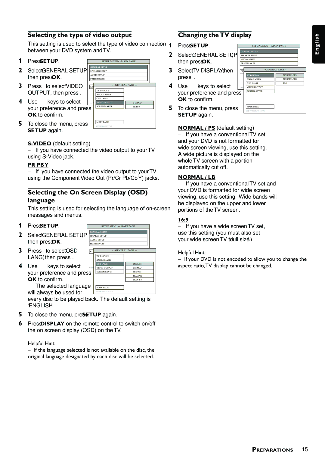 Magnavox MRD300 Selecting the type of video output Changing the TV display, Selecting the On Screen Display OSD language 