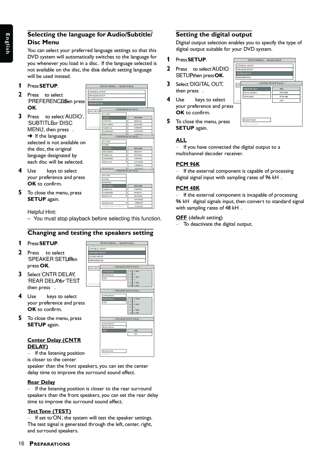 Magnavox MRD300 owner manual Selecting the language for Audio/Subtitle/ Disc Menu, Setting the digital output 