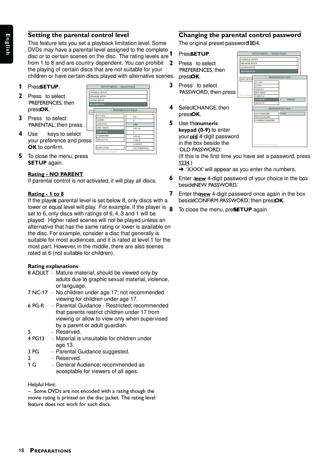 Magnavox MRD300 owner manual Setting the parental control level, Changing the parental control password 