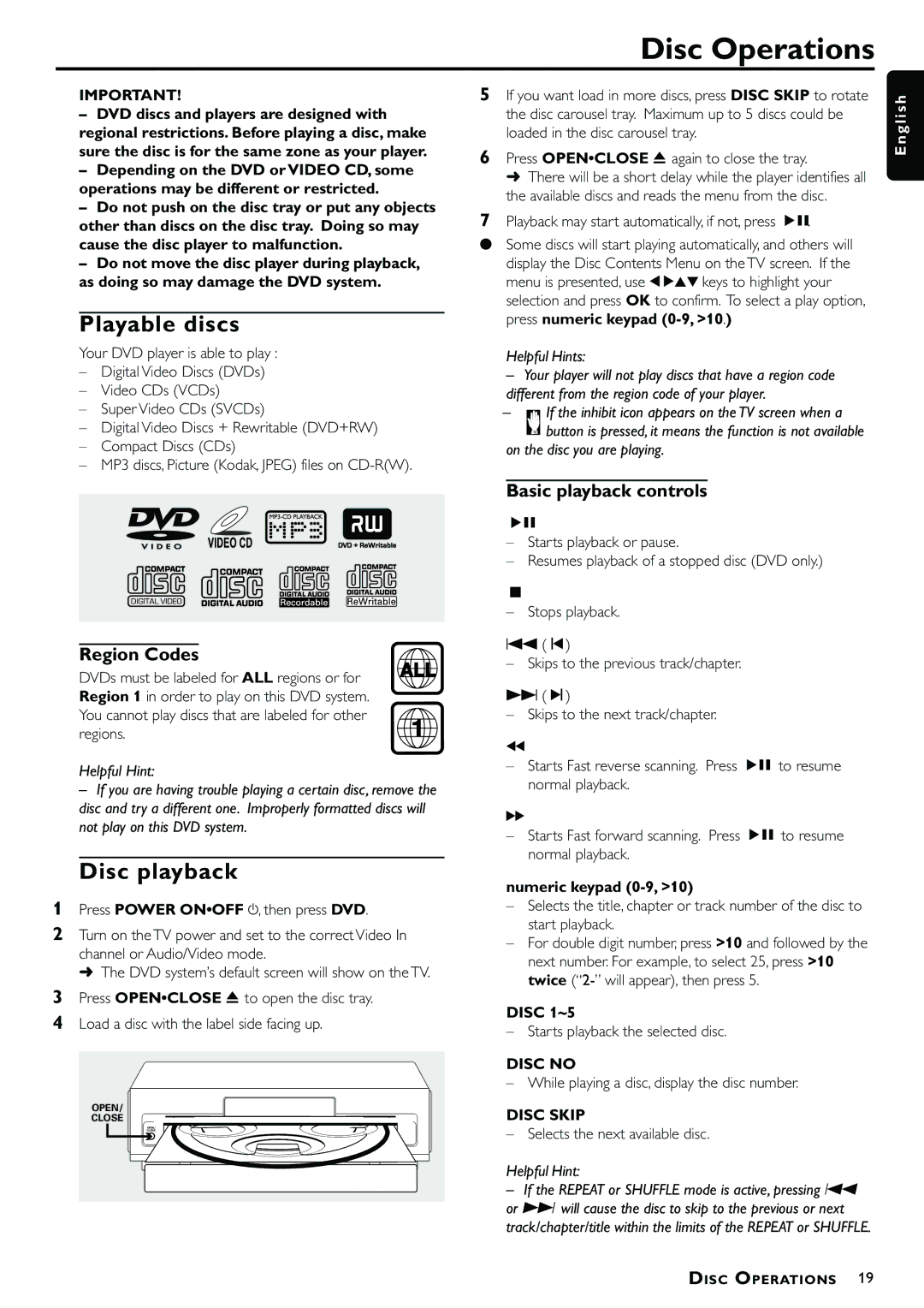 Magnavox MRD300 owner manual Disc Operations, Playable discs, Disc playback, Basic playback controls 