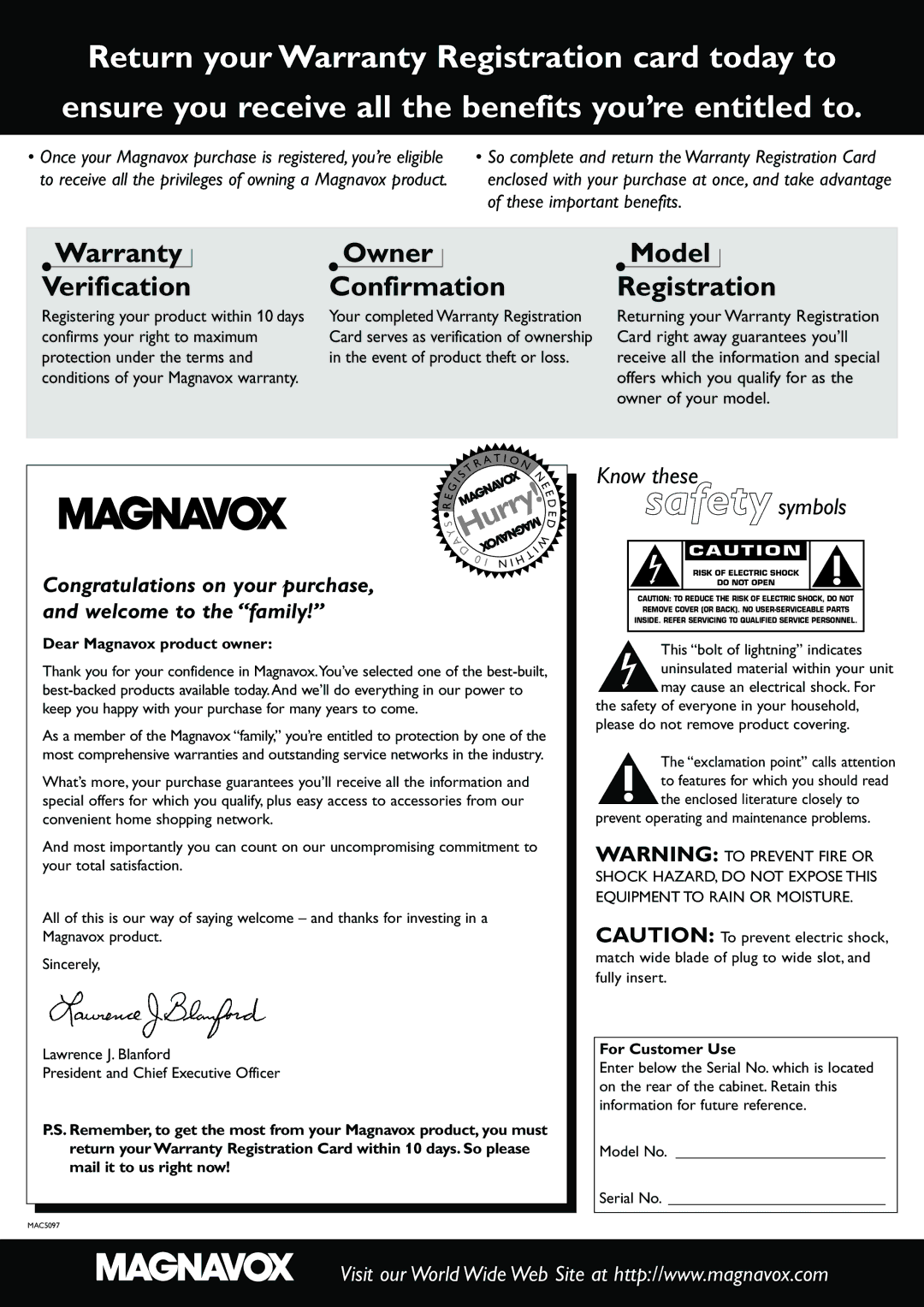 Magnavox MRD300 owner manual Dear Magnavox product owner, Prevent operating and maintenance problems, For Customer Use 