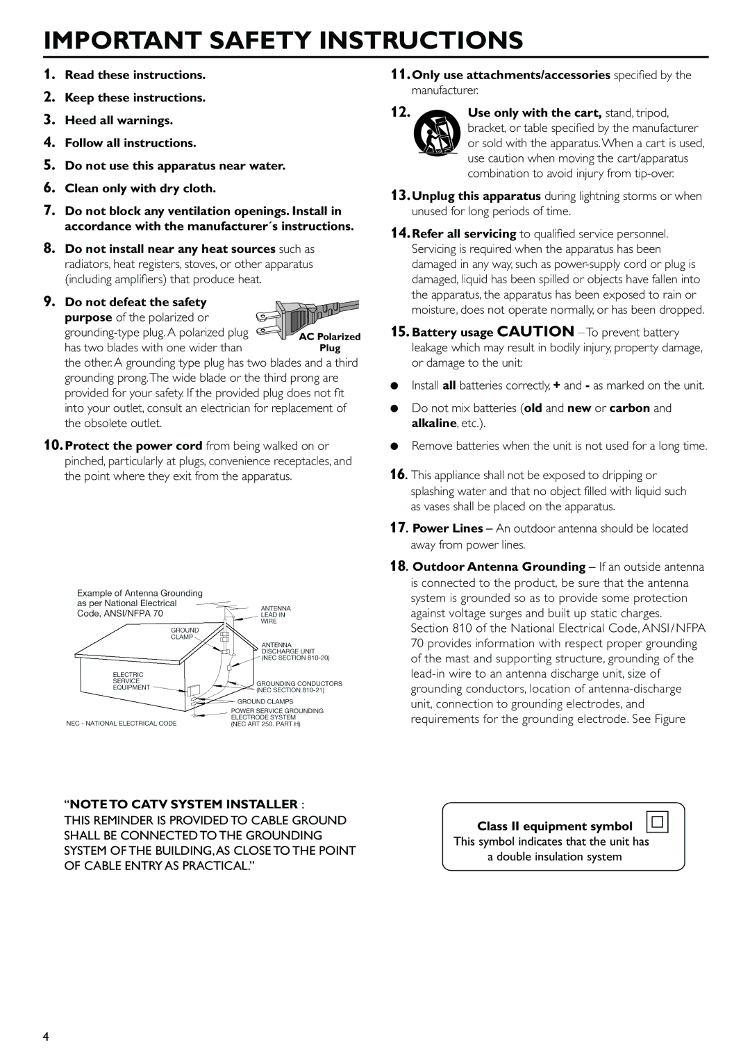 Magnavox MRD300 owner manual Important Safety Instructions, Class II equipment symbol 