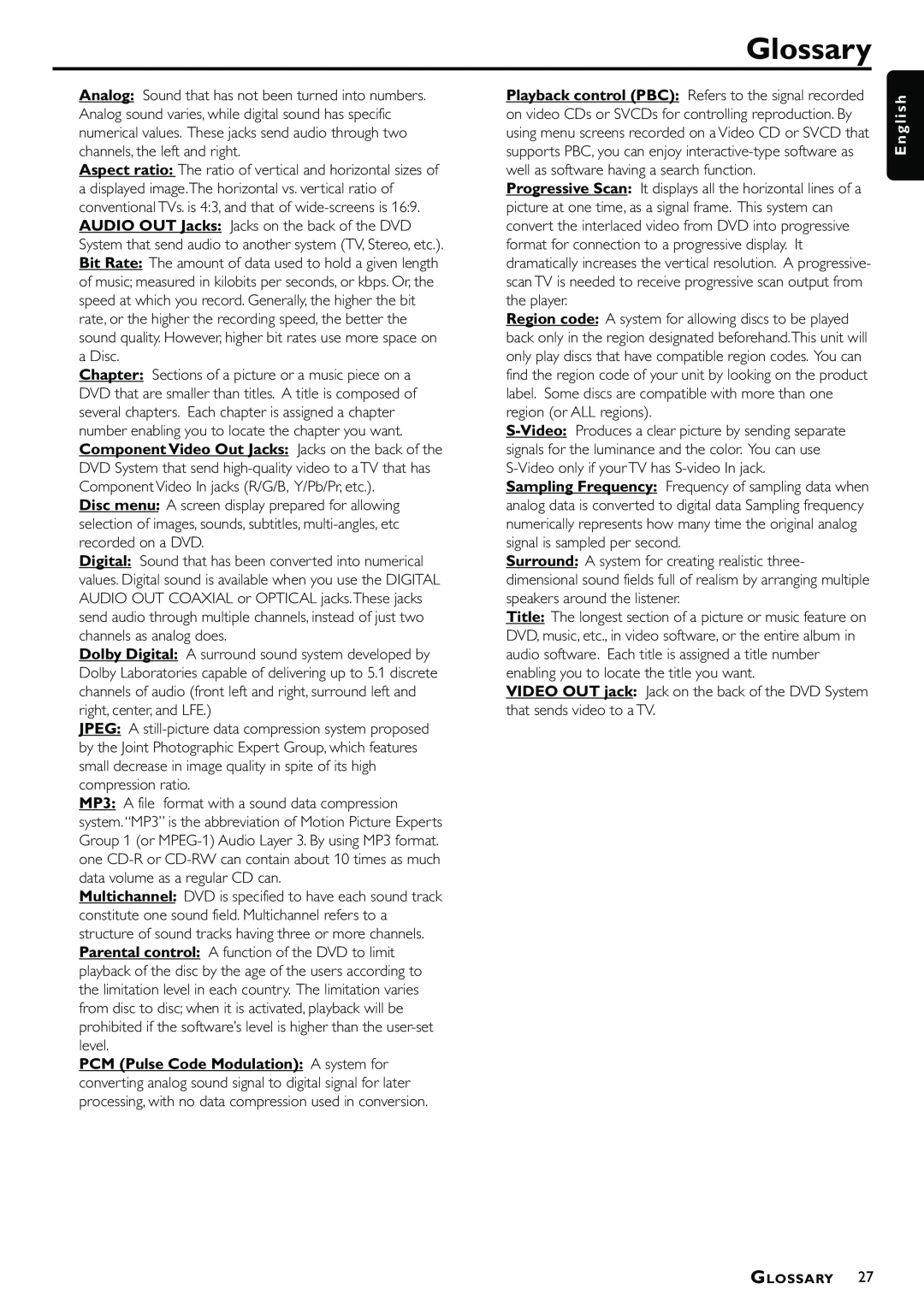 Magnavox MRD300 owner manual Glossary, E n g l i s h 