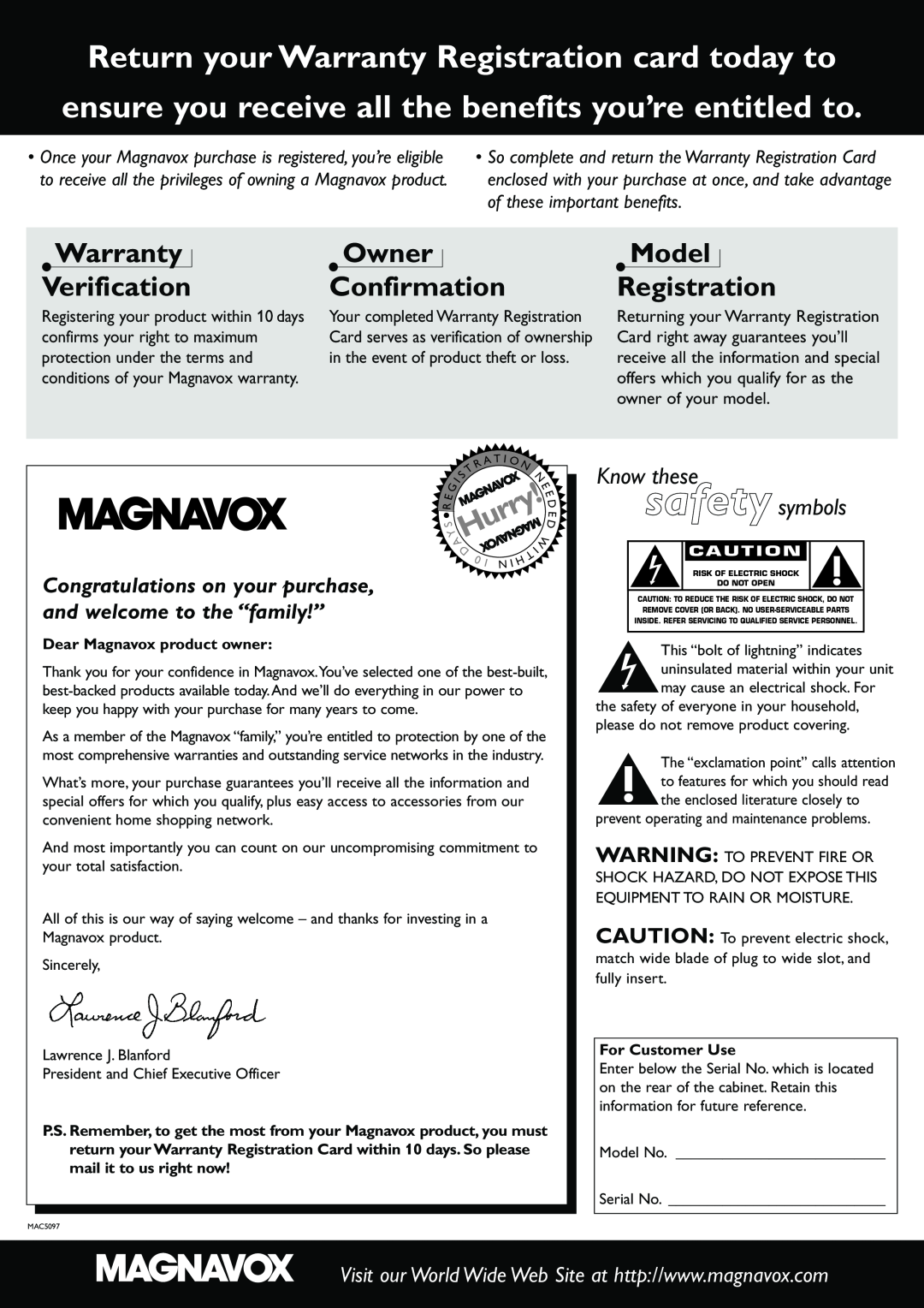 Magnavox MRD300 Return your Warranty Registration card today to, Warranty Verification, Owner Confirmation, Hurry 